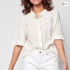 Faherty Rhoda White Lace Swiss Dot Button Down Blouse